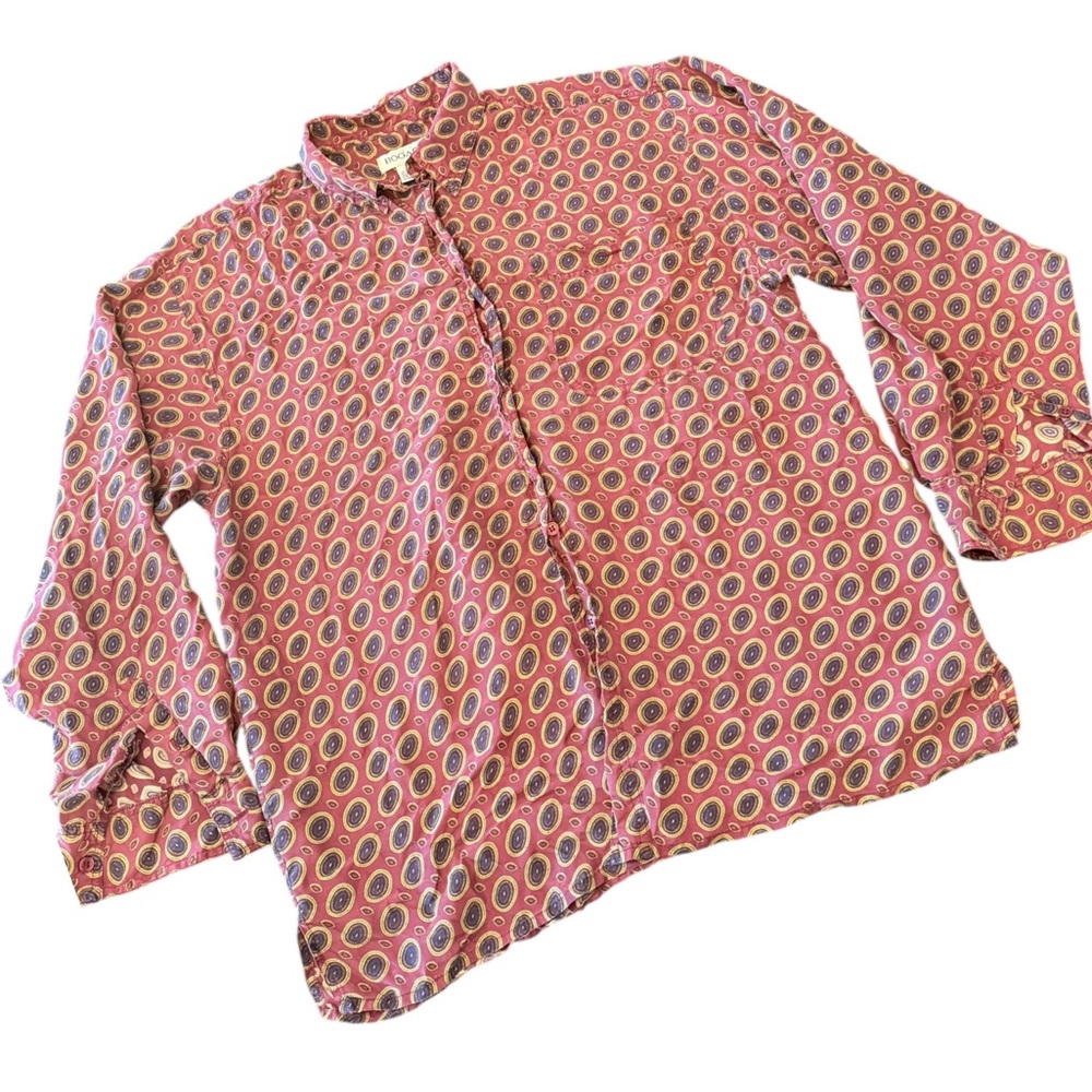 Bogari 100% Silk Long Sleeve Button Down Shirt‎ Men's Large Red Geometric Preppy - Picture 2 of 12
